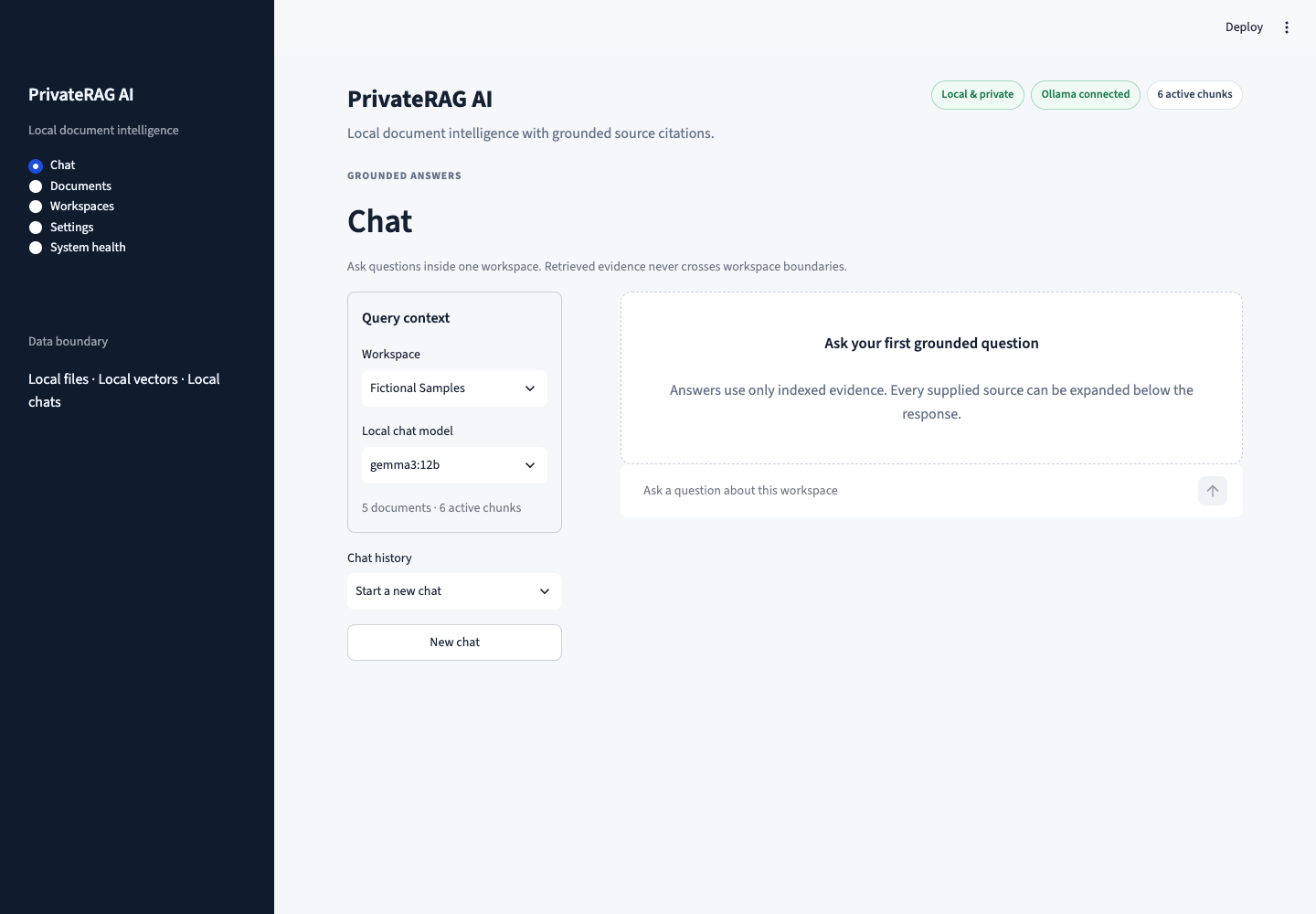PrivateRAG AI Chat screen with workspace and local model selectors